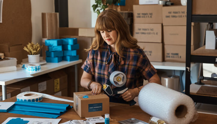 Woman using QuickBooks to manage sales and send invoices while packing products in a room with boxes